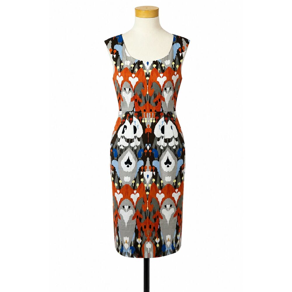 Maggy London Abstract Ikat Print Sheath Shift Dress Size 6 Sleeveless Pockets